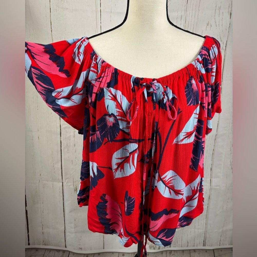 Express Red Cropped Top w/ Blue Botanical Print Flared Sleeve Elastic Boat Neck